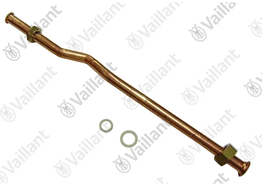 Kupferrohr von Vaillant mit gebogener Form, zwei Anschlussstellen und Zubehörteilen wie Dichtungen und Unterlegscheiben.